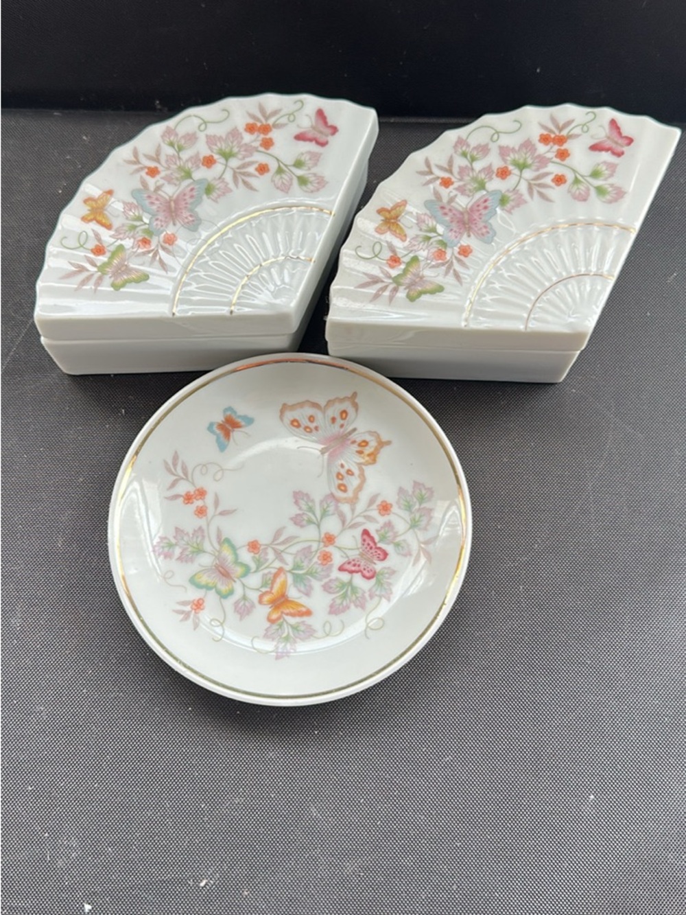 Porcelain Butterfly Floral Trinket Dish - White with Pastel Accents